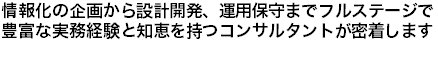 情報化の企画から設計開発、運用保守までフルステージで豊富な実務経験と知恵を持つコンサルタントが密着します